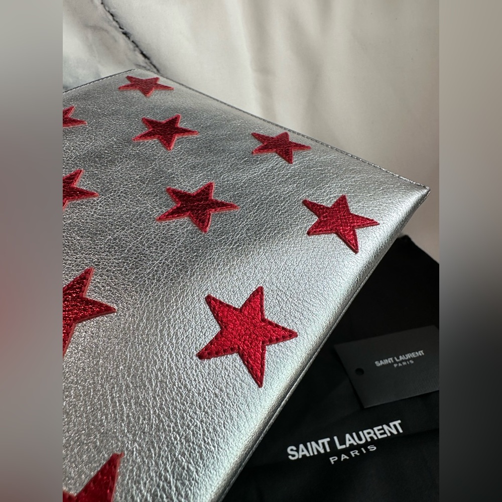 authentic YSL Saint Laurent iPad mini Rider zip Pouch with star patches NWT - Picture 2 of 12